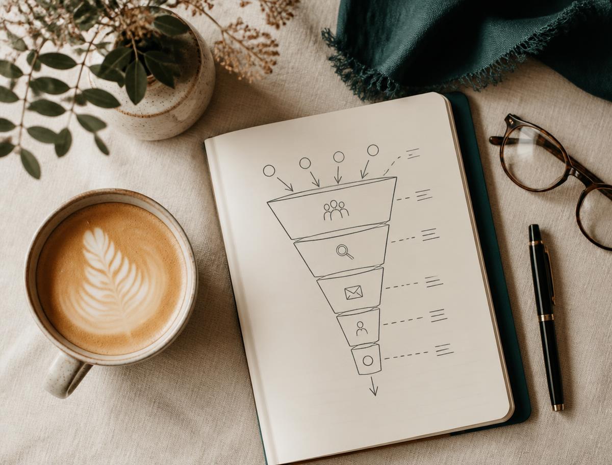 Notebook with a hand-drawn marketing funnel beside a coffee cup